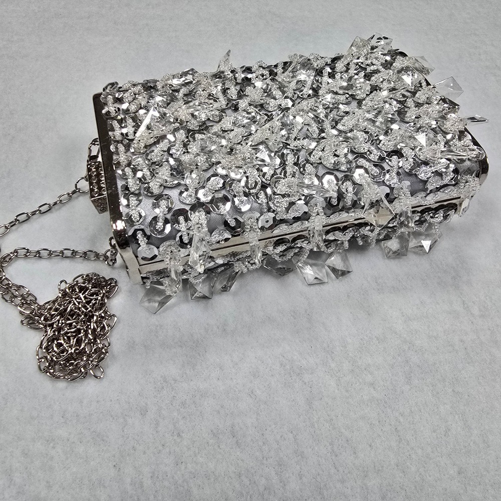Silver Sequin Crystal Embellished Box Clutch Crossbody Bag Chain Strap Handbag - Picture 6 of 16